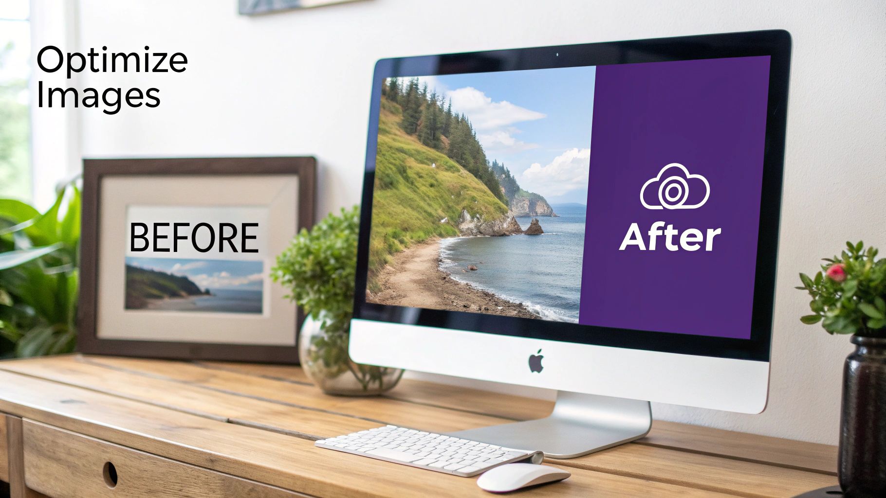 A computer monitor displays a 'before' and 'after' comparison for image optimization, with coastal scenery.