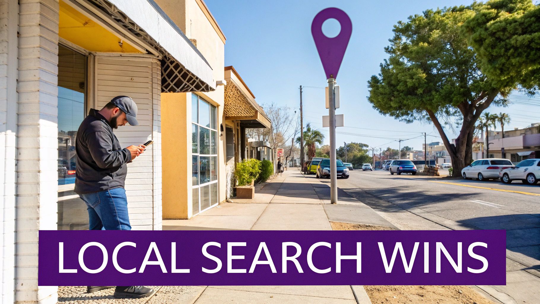 A man on a sidewalk uses his phone, with a large purple location pin nearby, symbolizing local search.