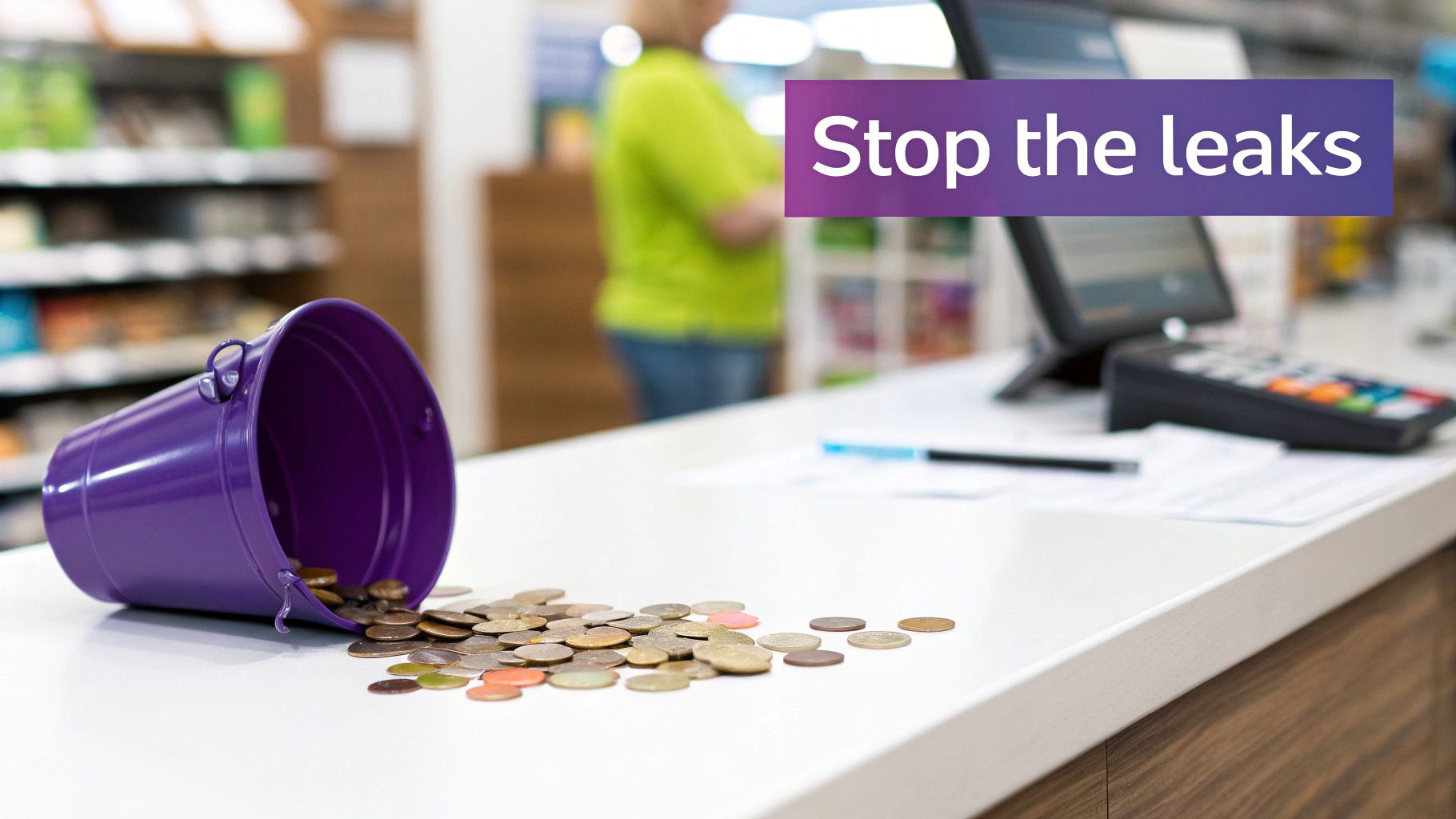 An overturned purple bucket spilling coins on a white counter, with 'Stop the leaks' text overlay, symbolizing financial loss.