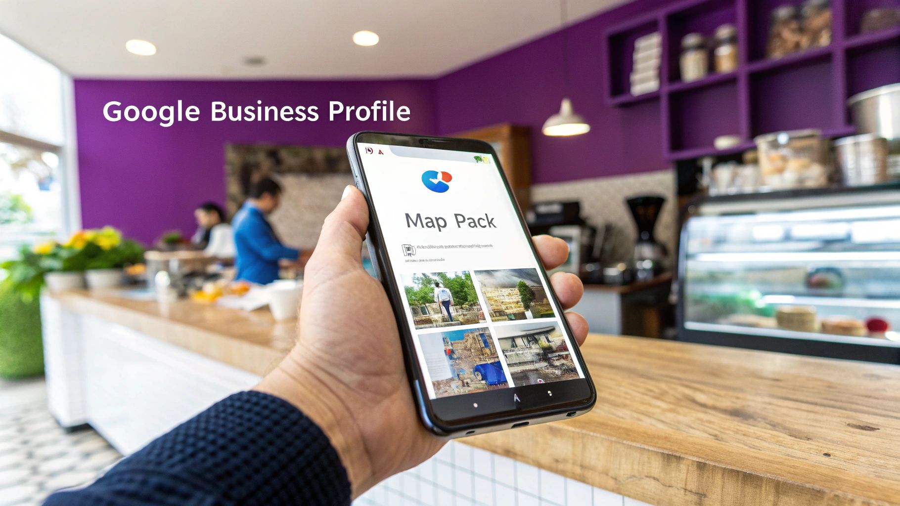 A hand holds a smartphone displaying a 'Map Pack' for Google Business Profile in a modern cafe.