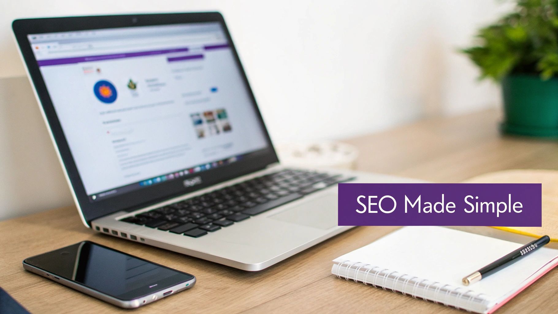 A laptop displaying a webpage, a smartphone, and a notebook with a pen on a desk, with 'SEO Made Simple' text.