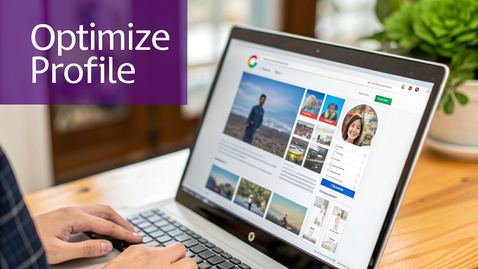 Hands typing on a laptop screen displaying an online profile page with 'Optimize Profile' text.