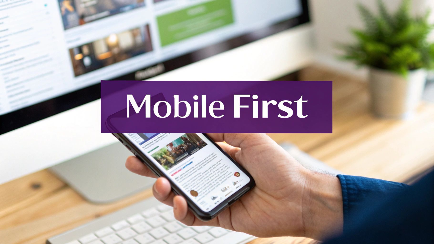 A hand holding a smartphone with web content, a desktop monitor in the background, and 'Mobile First' text overlay.