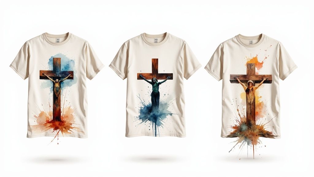 A person wearing a Christian t-shirt with a geeky design.