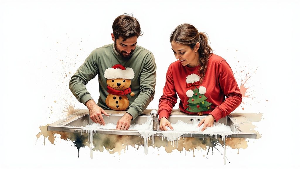 Couple in matching holiday outfits, smiling and taking a photo together.