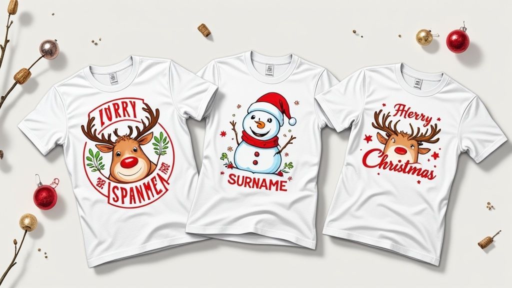 A family collaborating on design ideas for their personalized Christmas shirts, with sketchpads and laptops.