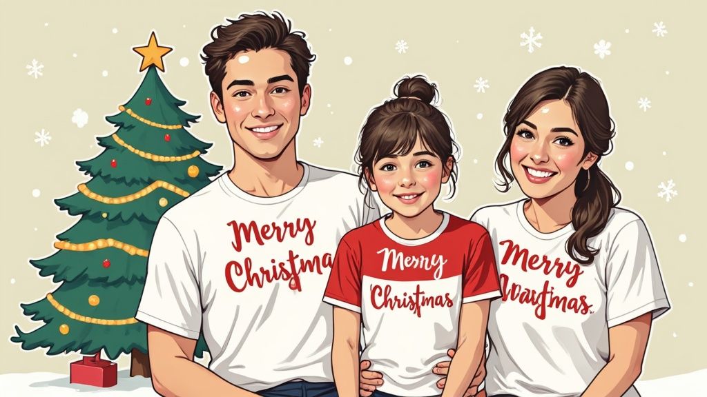 A family joyfully showing off their matching personalized Christmas shirts in front of a decorated tree.