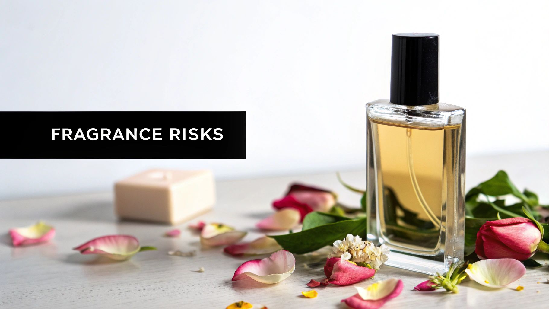 A bottle of perfume next to flowers, symbolising synthetic fragrances in skincare.