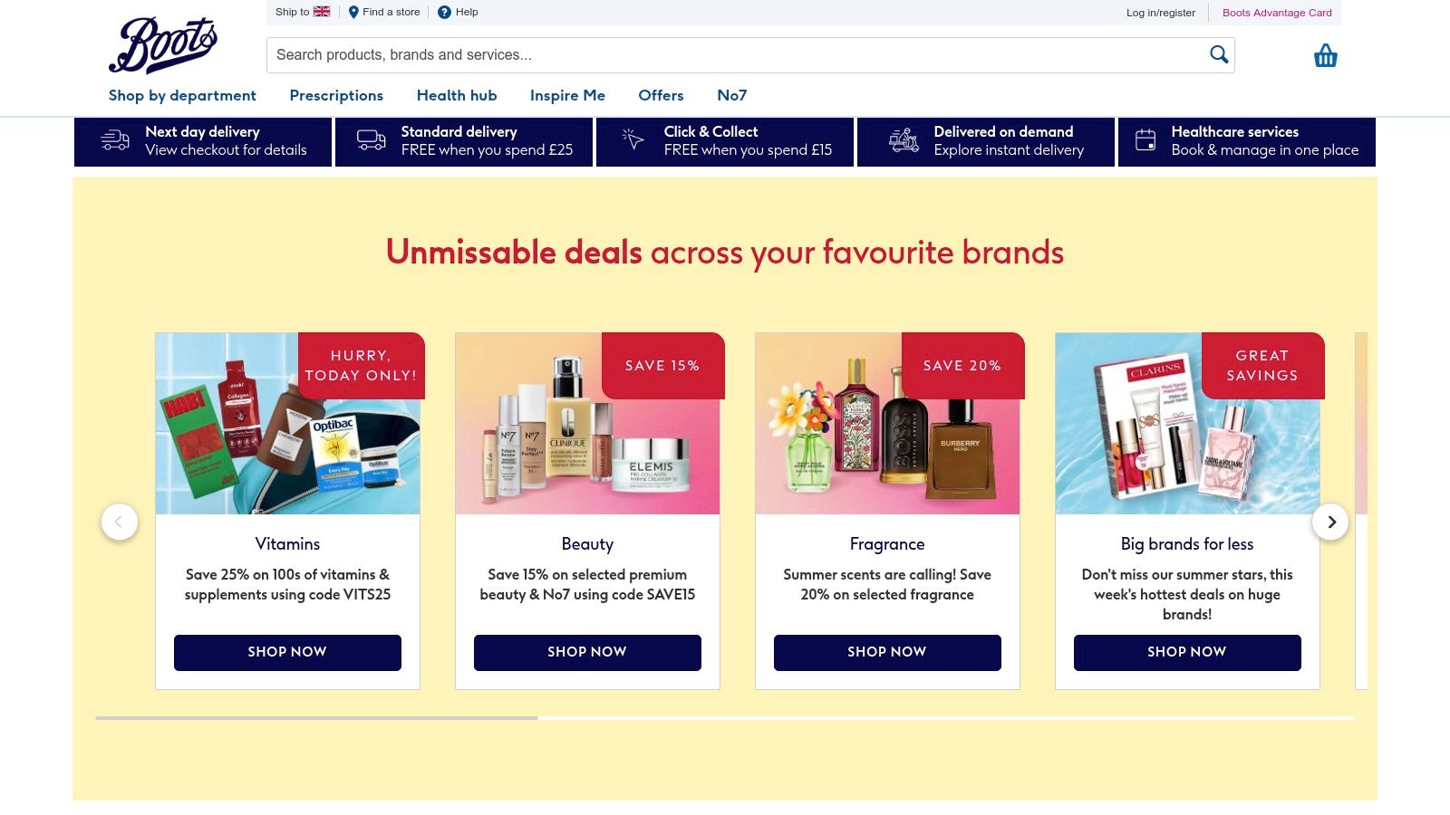 Boots website homepage showing various beauty and health products.