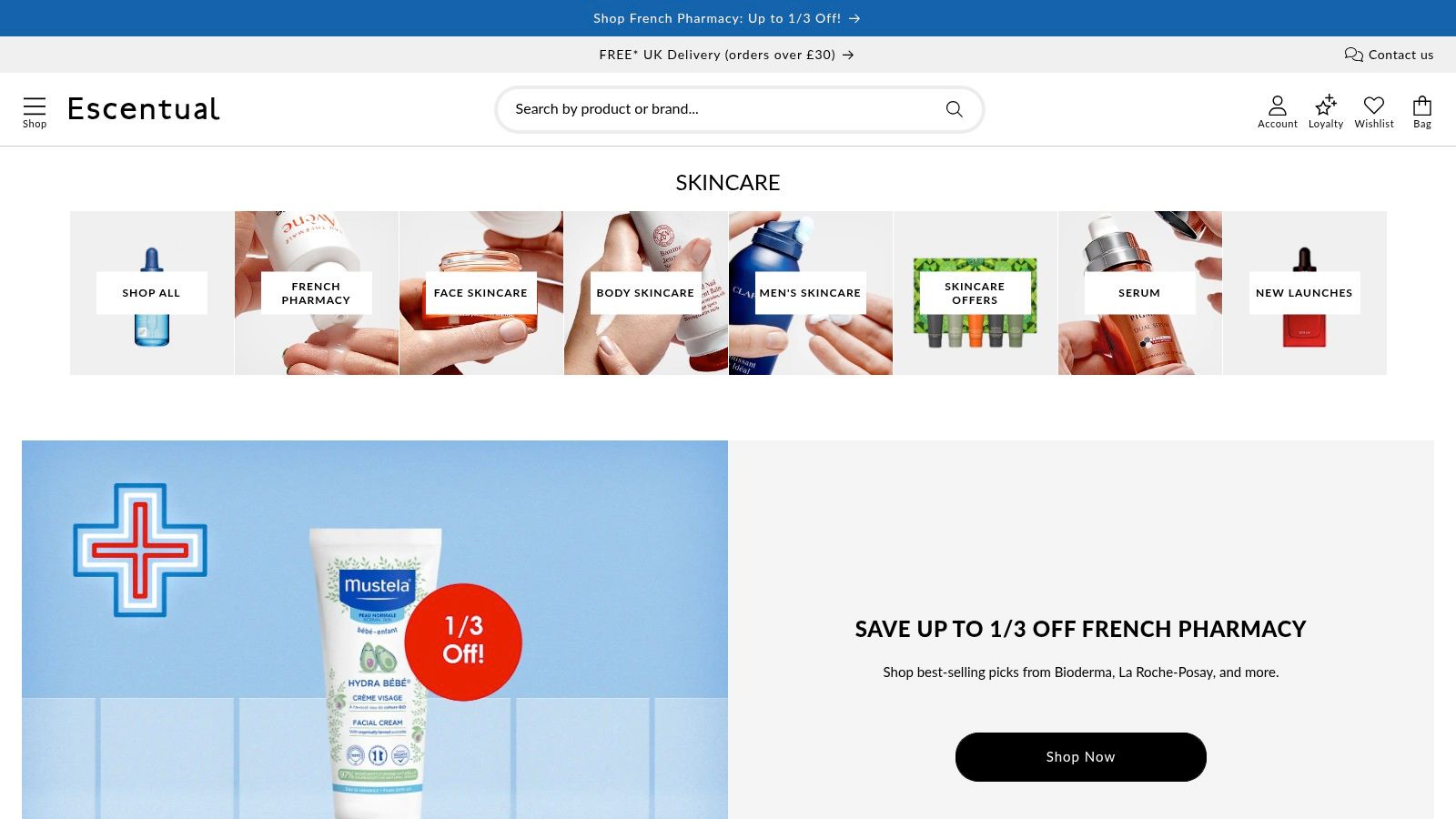 Escentual website homepage showing various beauty products and brands
