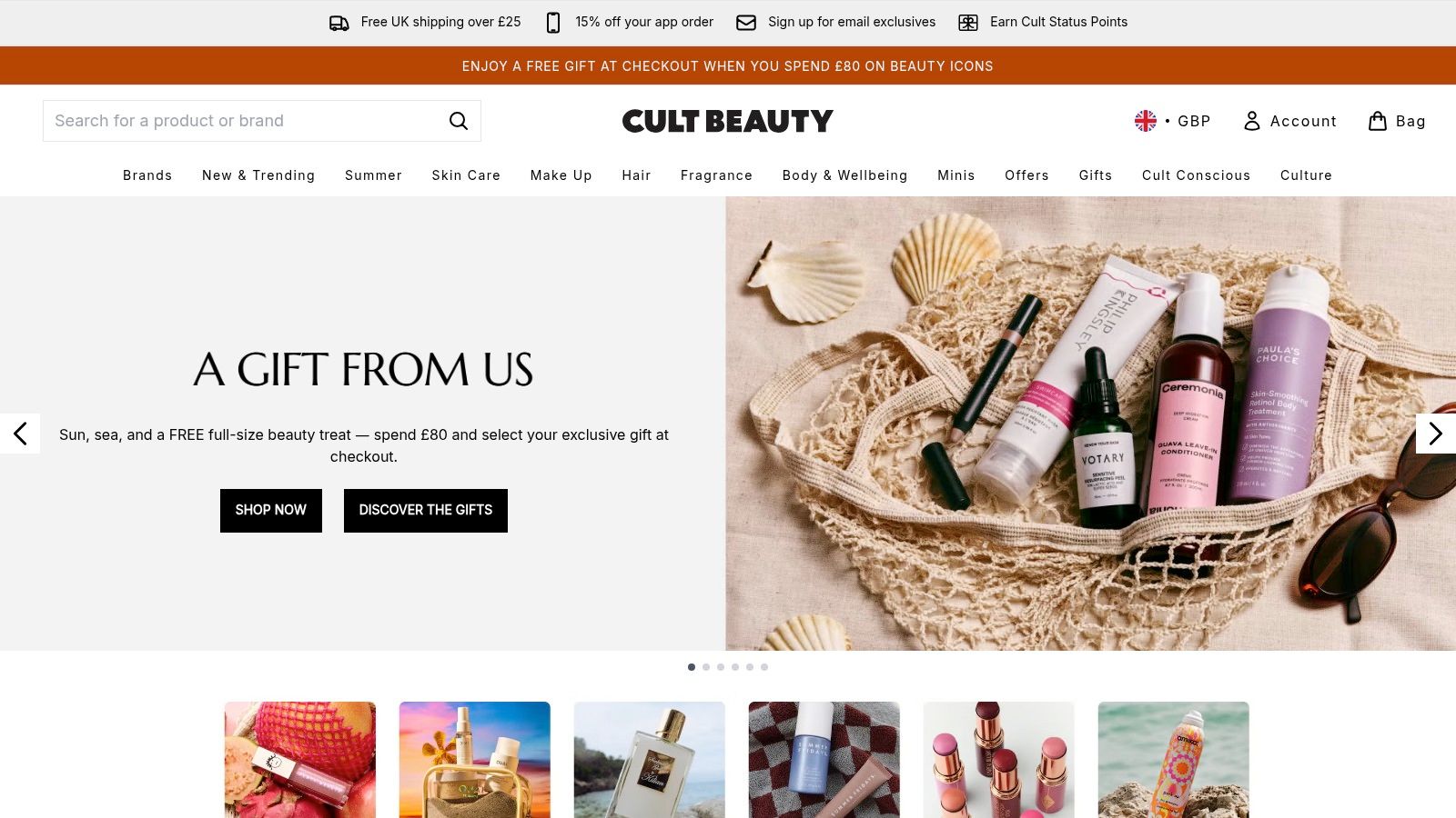 Cult Beauty website homepage displaying a curated selection of premium skincare products.