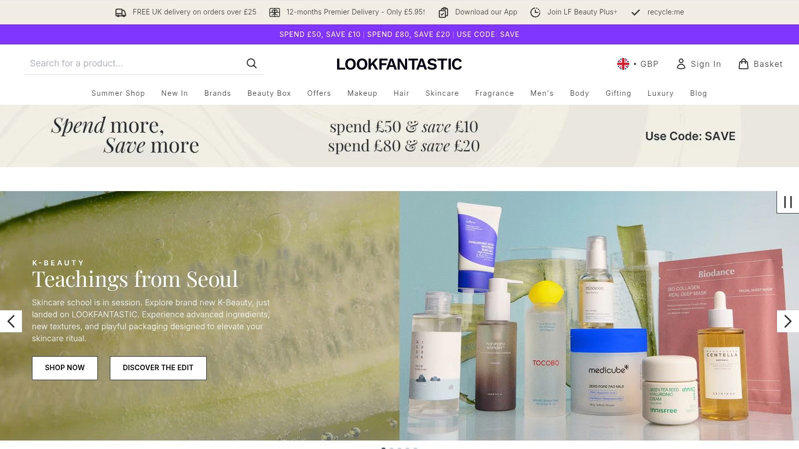 Lookfantastic website homepage featuring a search bar and promotional banners