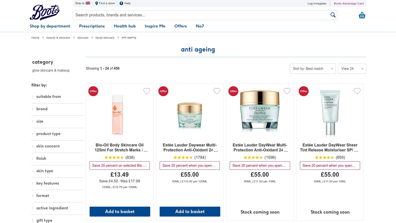 Boots website screenshot showing the anti-aging skincare section