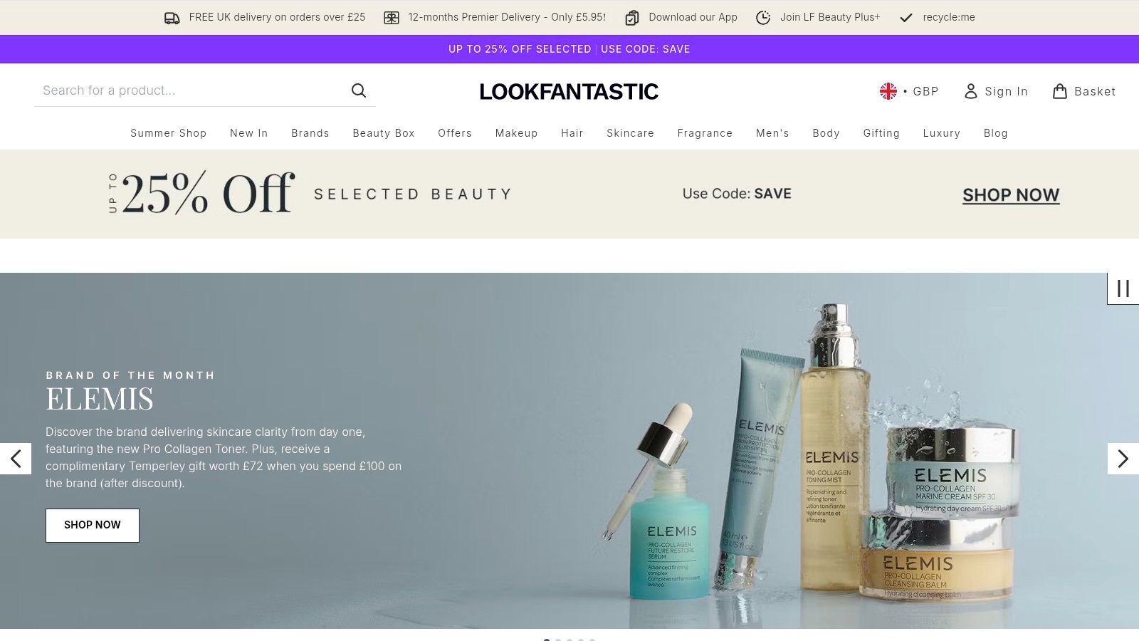 Lookfantastic website homepage displaying a variety of premium beauty products.
