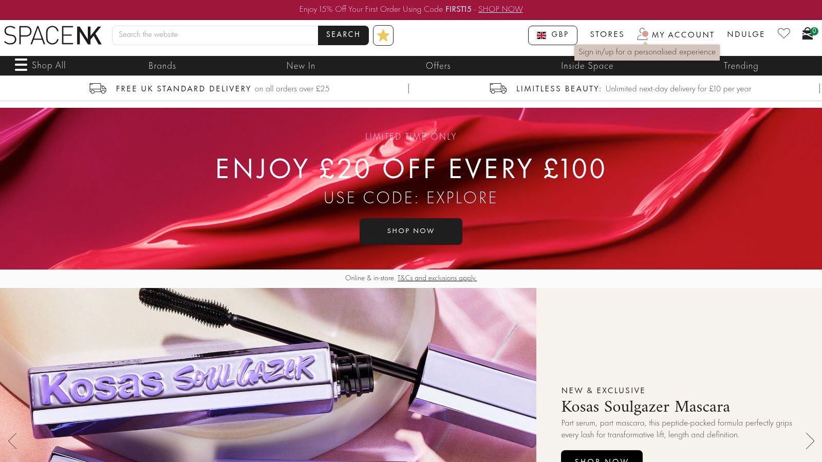 Space NK website homepage showing a clean, modern design with featured luxury beauty products.