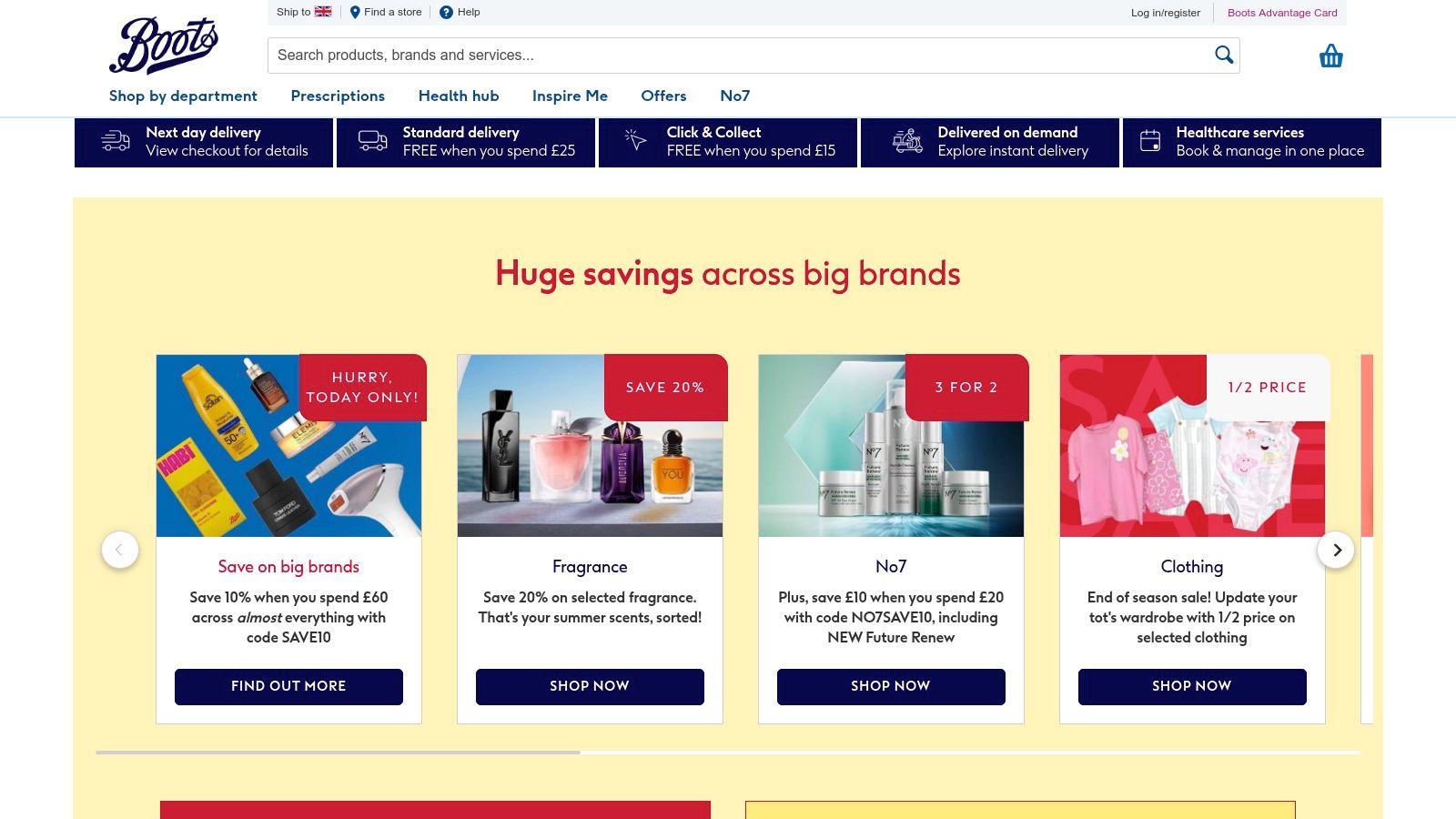 Boots website homepage showing a search bar and various product categories