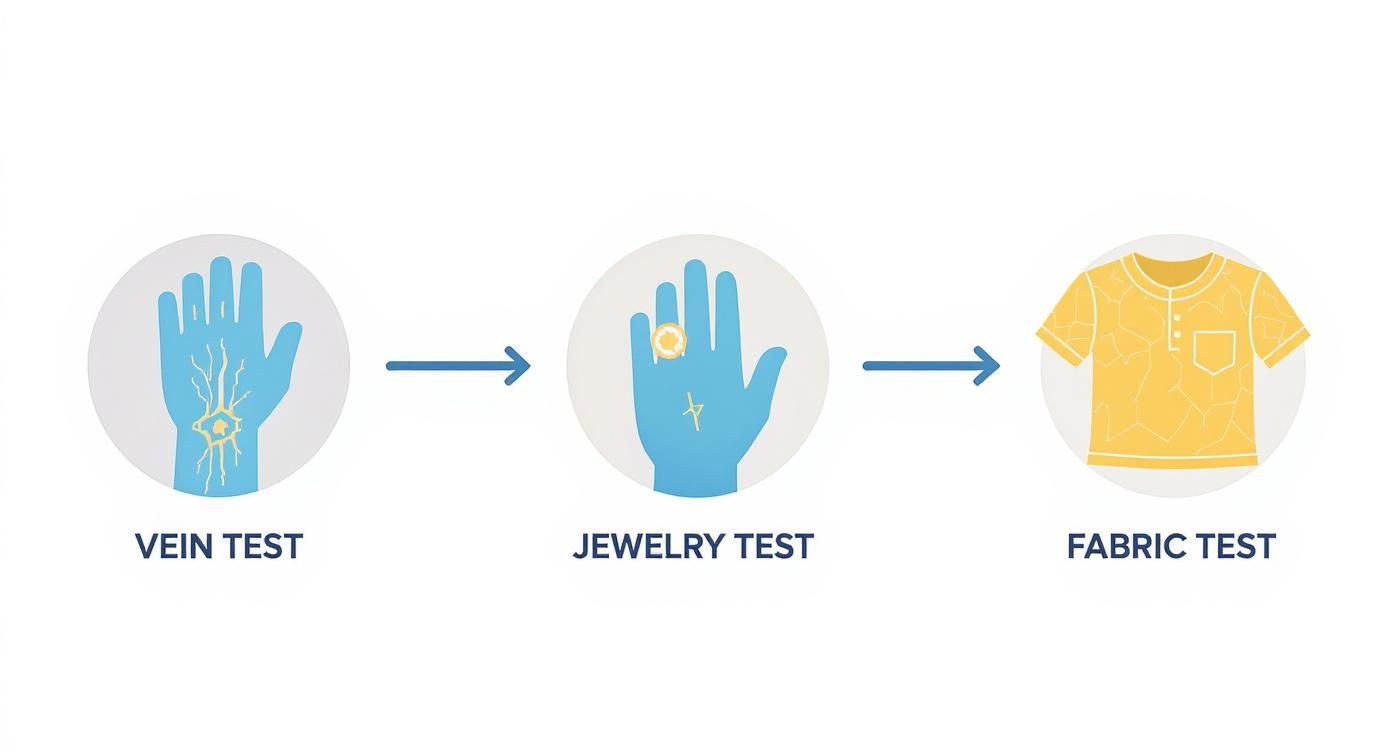 Infographic showing the color season discovery process from undertone tests to drape test