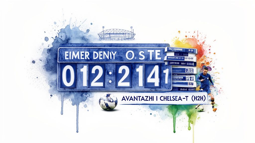 より賢い賭け方:必須の戦略とヒント 2 青いスコアボード、サッカー選手、ボール、そして「チェルシーのアドバンテージ(H2H)」というタイトルが書かれたスポーツのイラスト。