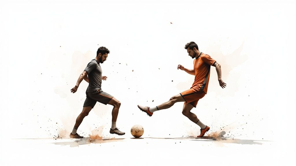 Πώς να Κατακτήσετε την Τέχνη του Αθλητικού Στοιχήματος: Ένας Πλήρης Οδηγός 1 Δύο άνδρες ποδοσφαιριστές, ο ένας με γκρι και ο άλλος με πορτοκαλί, παίζουν με μια μπάλα ποδοσφαίρου με καλλιτεχνικό ύφος.