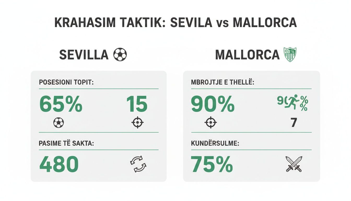 Sportwetten – Wie man wie ein Profi denkt (3) Taktische Vergleichstabelle zwischen Sevilla und Mallorca mit Spielstatistiken wie Ballbesitz und Torschüssen.