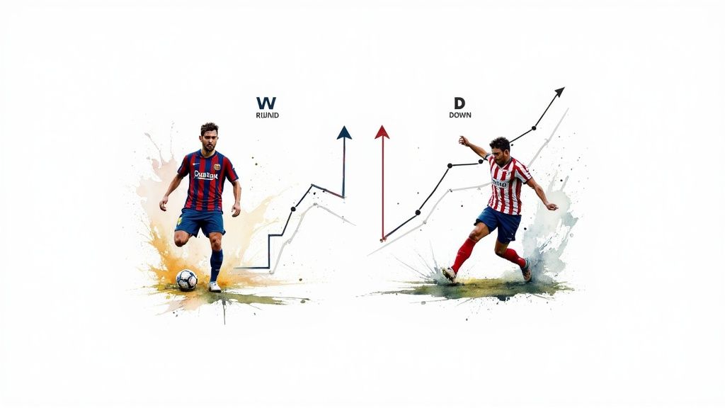 Πλήρης οδηγός για αθλητικά στοιχήματα - Πώς να κερδίσετε περισσότερα; 3 Δύο ποδοσφαιριστές με διαφορετικές στολές, ο ένας με μπάλα, εμφανίζουν γραφήματα ανάπτυξης της απόδοσής τους.