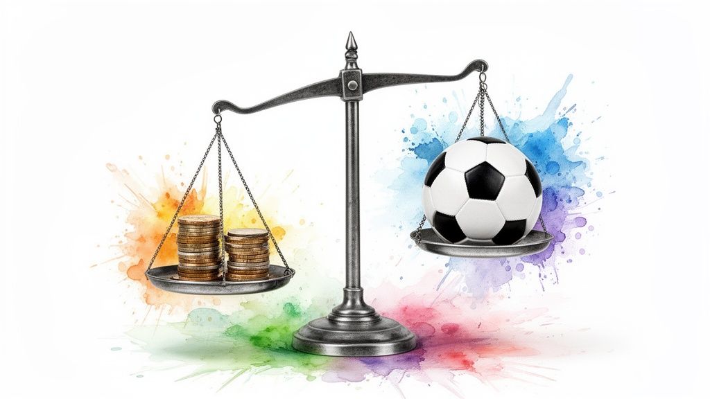Как да залагате стратегически: Пълно ръководство 2 Балансирани везни със златни монети и футболна топка, символизиращи еднаквата стойност на парите и спорта.