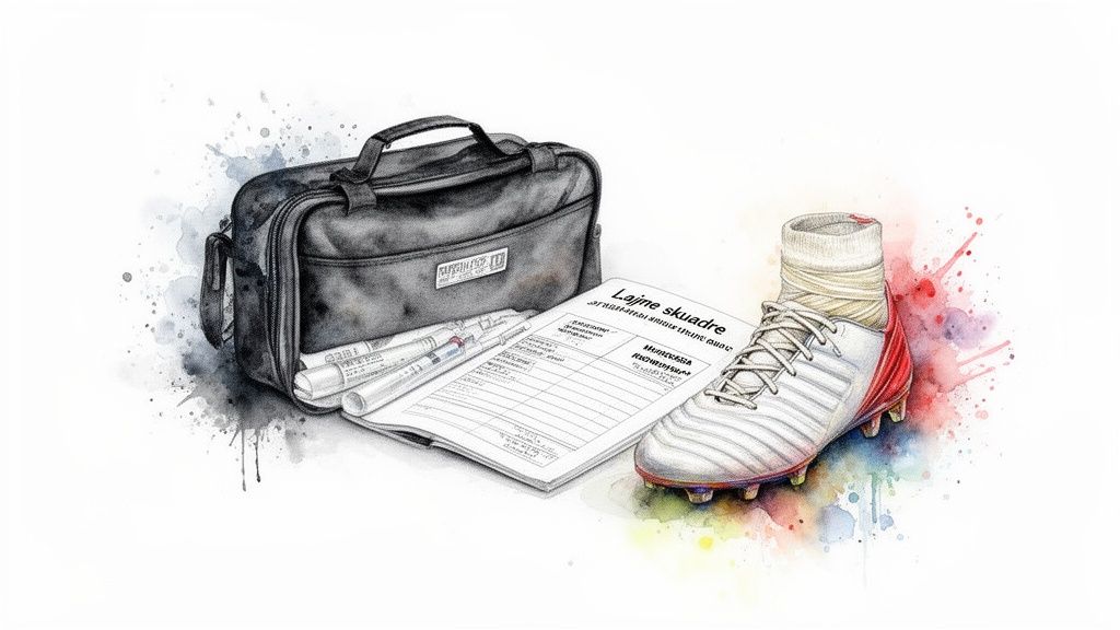 スポーツベッティング戦略完全ガイド2 スポーツバッグ、ラインナップシート、ペン、サッカーシューズを描いた、色彩豊かな水彩画です。