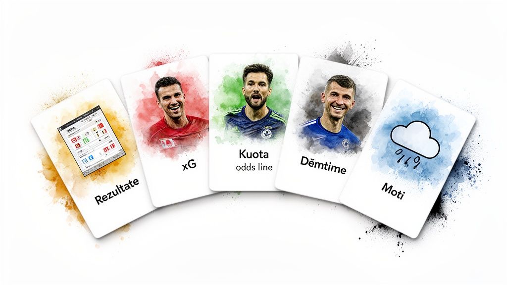 スポーツベッティングをマスターする方法:戦略とマネジメントの完全ガイド 2 スポーツ賭博用の、サッカー選手、試合結果、オッズ、負傷者、天気が書かれた 5 枚のトランプ。