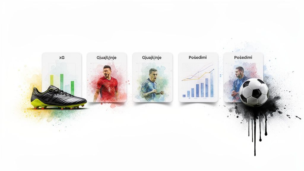 Sportwetten – 2 wichtige Konzepte, die Sie kennen sollten Ein Fußballschuh, Spielerporträts und statistische Grafiken, mit einem künstlerischen Aquarell-Effekt.