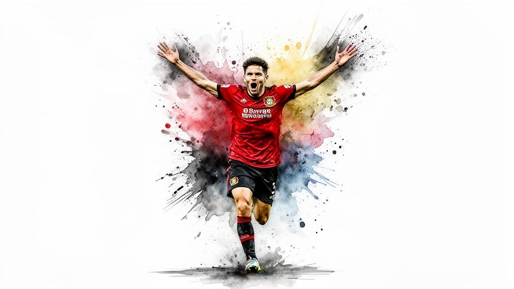 Bayern gegen Leverkusen: Unsere Prognose mit Expertentipps 4 Ein männlicher Fußballspieler im roten Trikot von Bayer 04 Leverkusen feiert mit offenen Armen vor dem Hintergrund von Farbspritzern.