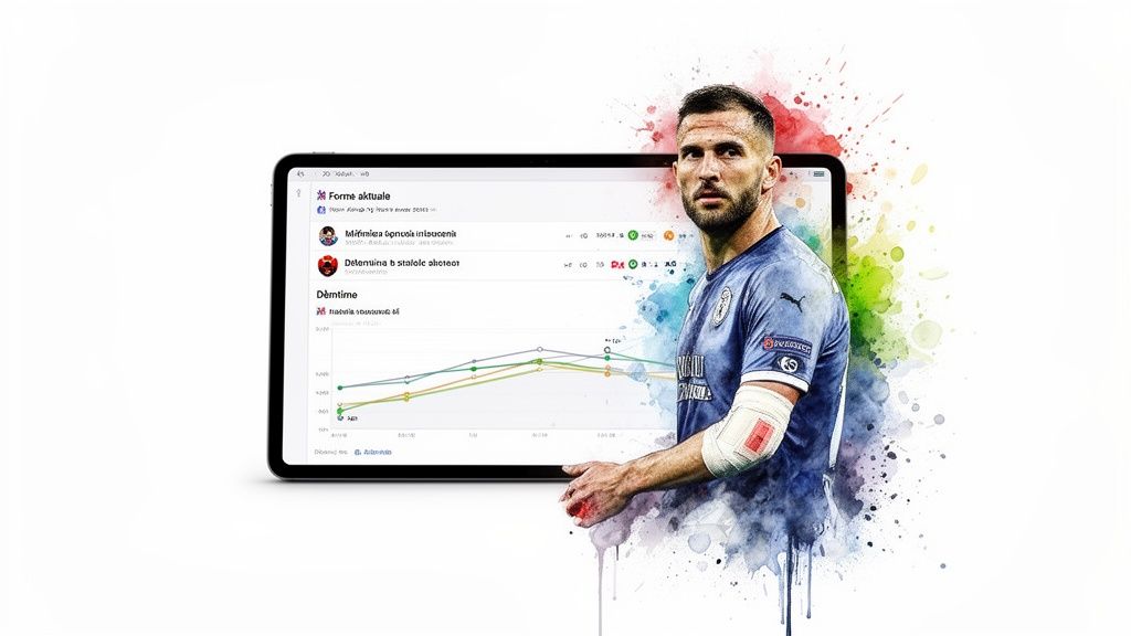 Wie man erfolgreiche Vorhersagen für intelligente Sportwetten erstellt 2 Ein Fußballtorwart in blauem Trikot und mit Armbandage, hinter ihm ein Tablet mit sportlichen Leistungsdaten und Diagrammen.