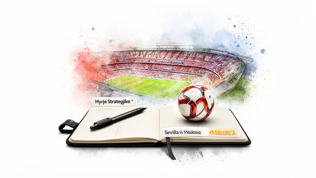 Sportwetten – Wie man wie ein Profi denkt (1) Ein mit Aquarellfarben gemaltes Fußballstadion, ein Notizbuch, ein Stift und ein Fußball mit den Notizen „Sevilla gegen Mallorca“ und „Strategische Einführung“.