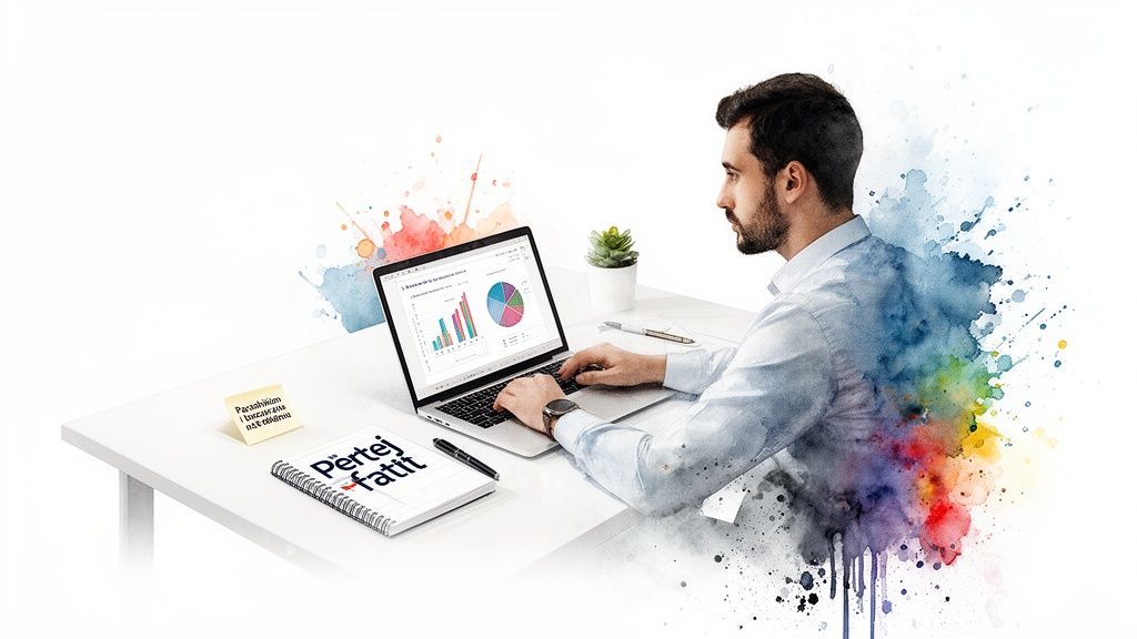 Wie man erfolgreiche Vorhersagen für intelligente Sportwetten erstellt 1 Mann arbeitet an einem Laptop mit Datengrafiken, im Hintergrund ist ein Aquarell-Effekt zu sehen.