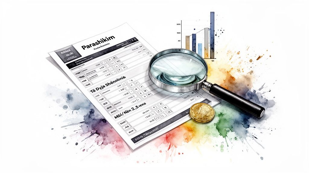 Vollständiger Leitfaden zu Sportwetten-Strategien 3 Abbildung eines Prognosedokuments, einer Lupe, Goldmünzen und eines Diagramms, alles im Aquarellstil.