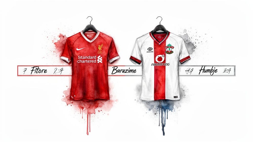 Understanding Sports Betting: 2 Main Bet Types Two Liverpool and Southampton football shirts, drawn in watercolor, with match statistics.