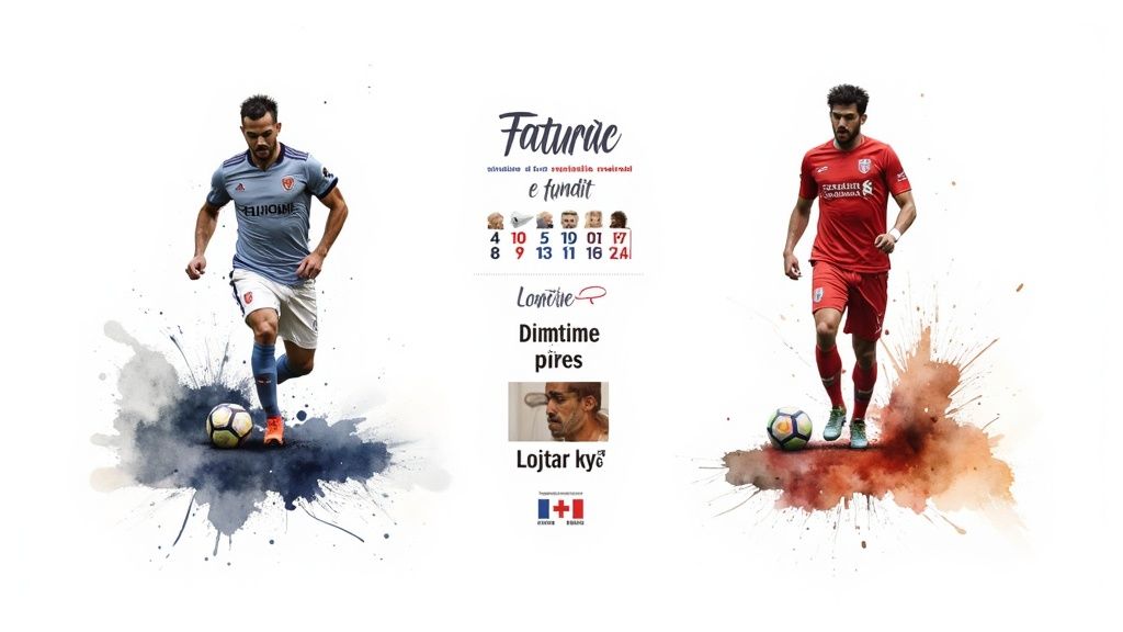 Πλήρης οδηγός για αθλητικά στοιχήματα: Στρατηγικές για αρχάριους και ειδικούς 3 Δύο ποδοσφαιριστές με μπλε και κόκκινες φανέλες, κλωτσούν την μπάλα, με καλλιτεχνικά στοιχεία και πληροφορίες με θέμα το νερό.