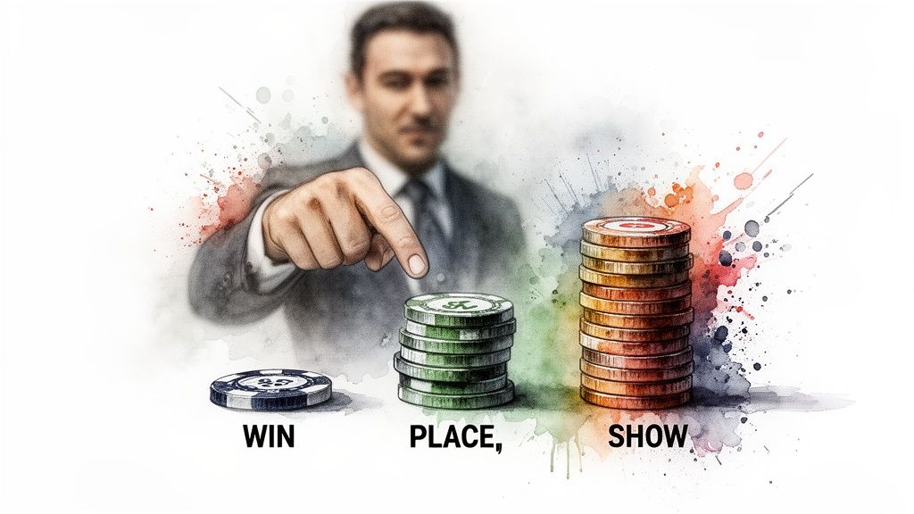 Какво означава „показване на победно място“ в залаганията? Пълно ръководство 2 Илюстрация на мъж, сочещ към казино чипове с надпис „Спечели, Пласирай, Покажи“.