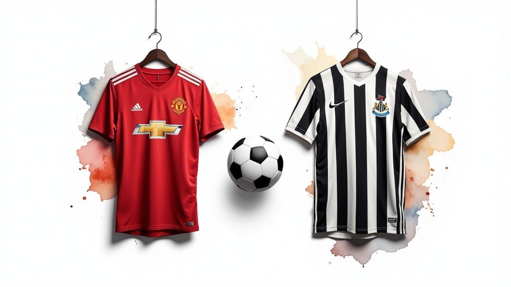 Der vollständige Leitfaden für Sportwetten: 1 grundlegende Strategien Zwei Fußballtrikots (Manchester United und Newcastle United) hängen, in der Mitte ein Fußball, vor einem Hintergrund aus Wassertropfen.