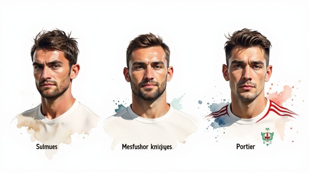 Vollständiger Leitfaden zu Sportwetten-Strategien 3 Drei Porträts von ähnlich aussehenden Männern in Sporthemden vor weißem Hintergrund mit Wasserspritzern.