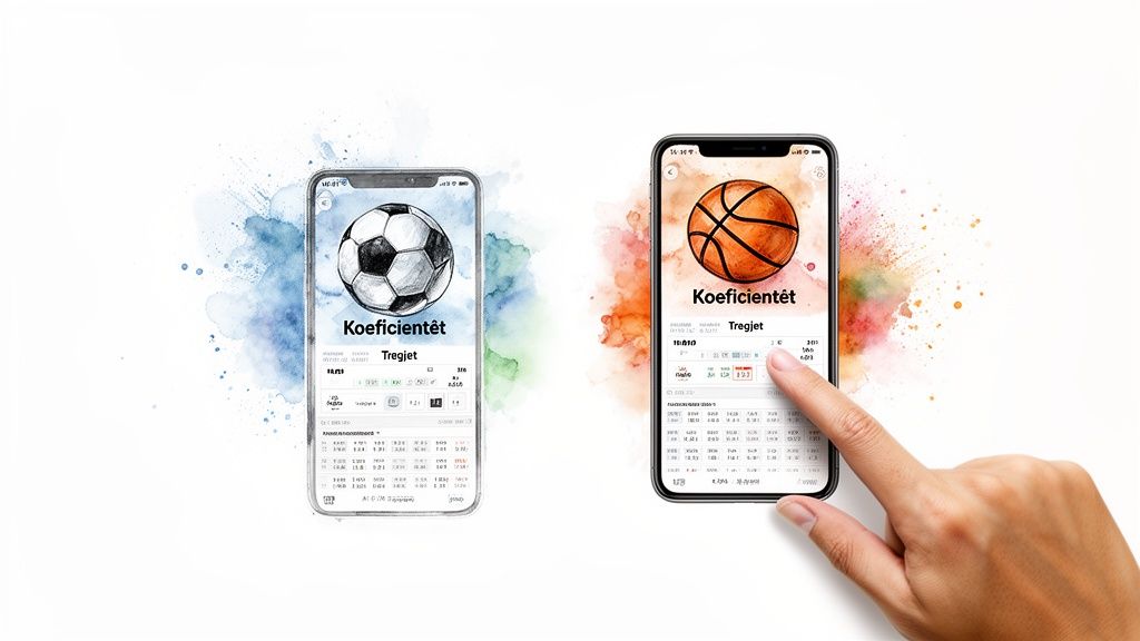 Spor Bahisleri - Başlangıç Seviyesinden Stratejist Seviyesine 2 Ekranda futbol ve basketbol topları bulunan iki akıllı telefonda spor bahis uygulamaları gösteriliyor. Bir el ekrana dokunuyor.