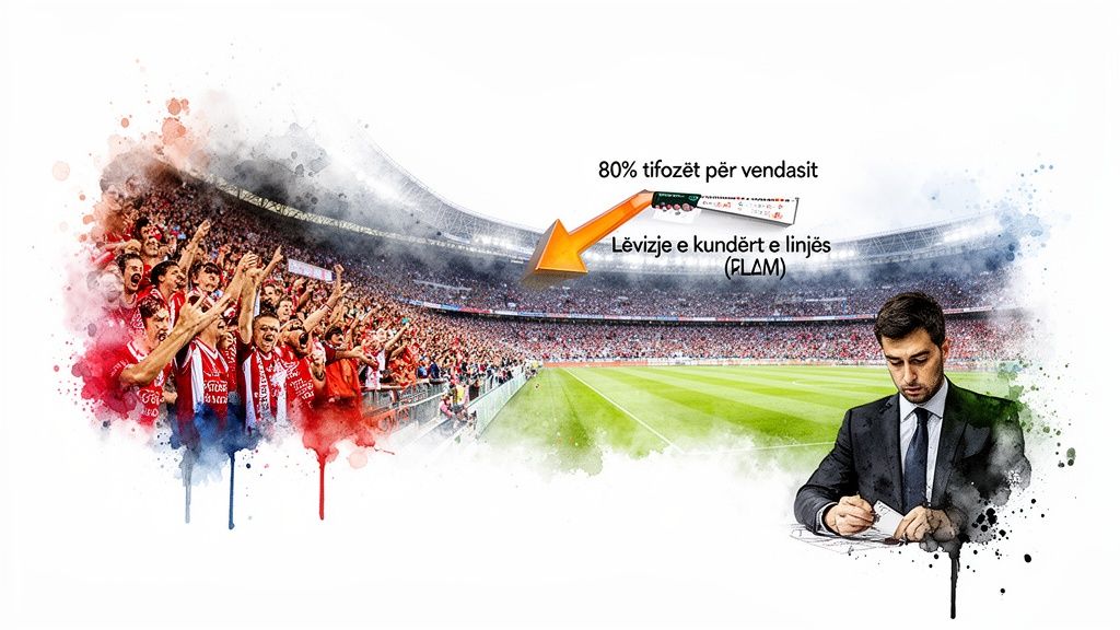 Αντίστροφη κίνηση γραμμής: Ένας οδηγός για να ακολουθήσετε το έξυπνο χρήμα 1 Γήπεδο ποδοσφαίρου με ενθουσιώδεις οπαδούς και έναν αναλυτή που μελετά την κίνηση της αντίθετης γραμμής.