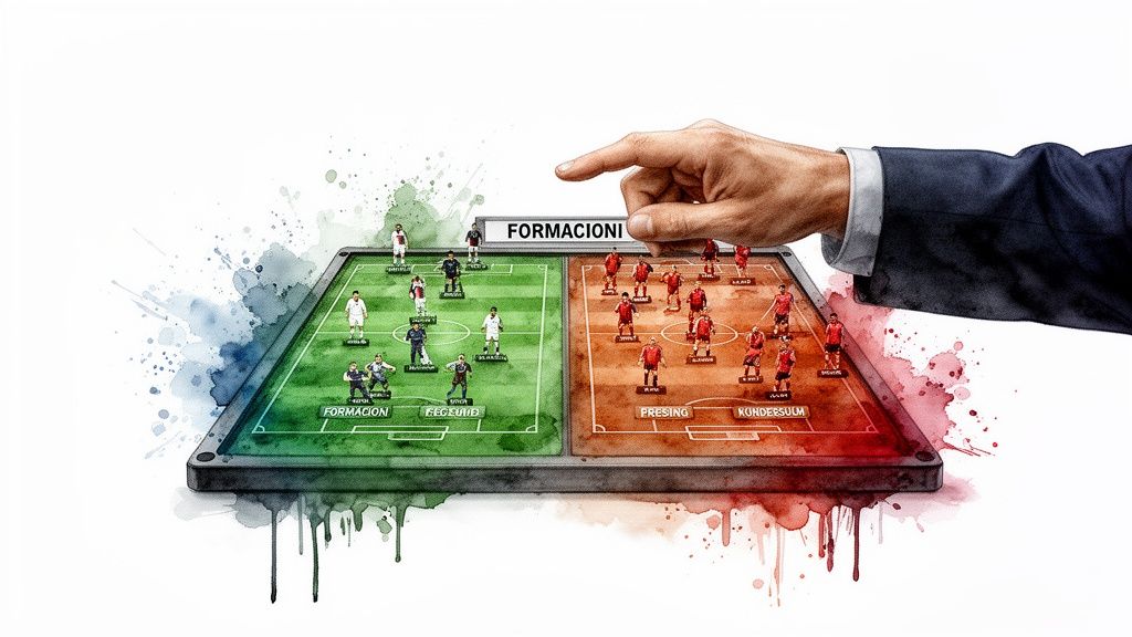 スポーツベッティング戦略完全ガイド3 手には、戦術ボード上に 2 つのサッカー フォーメーション (1 つのチームは白いユニフォーム、もう 1 つのチームは赤いユニフォーム) が示されています。