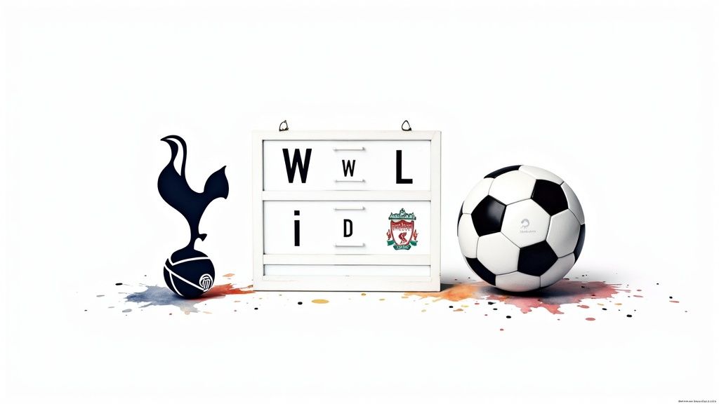 Grundlegende Sportwetten-Strategien: Ein Leitfaden für Anfänger 3 Logos von Tottenham Hotspur und Liverpool, eine Anzeigetafel mit WWL und D sowie ein Fußball mit Farbtupfern.