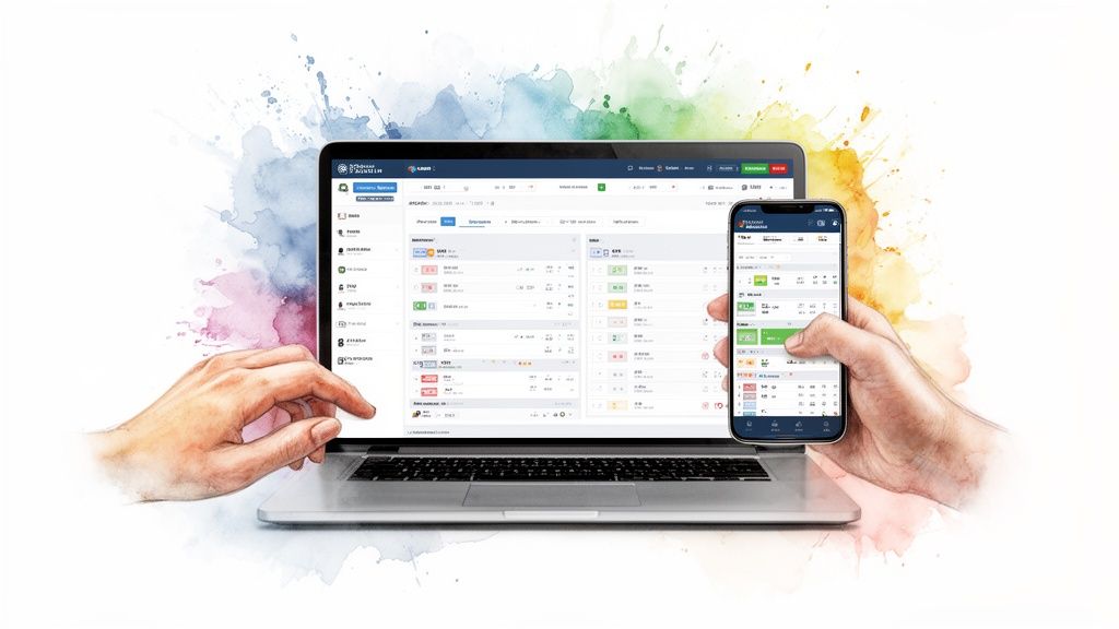 Spor Bahisleri - Başlangıç Seviyesinden Stratejist Seviyesine 3 Eller, spor bahis uygulaması yüklü bir dizüstü bilgisayar ve akıllı telefonla etkileşim halinde.
