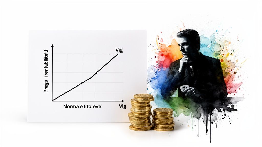 ギャンブルにおけるvigの意味とそれが賞金にどう影響するか 水彩画の背景に、グラフと金貨の横で考え事をしているスーツを着た男性。