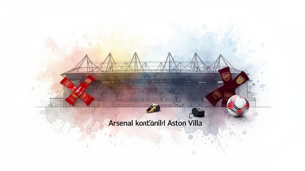 Sportwetten – Welche Methoden garantieren Erfolg? 1 Eine Illustration eines Fußballstadions mit den Logos von Arsenal und Aston Villa, einem Fußball, einer Pfeife und einem Maßband.