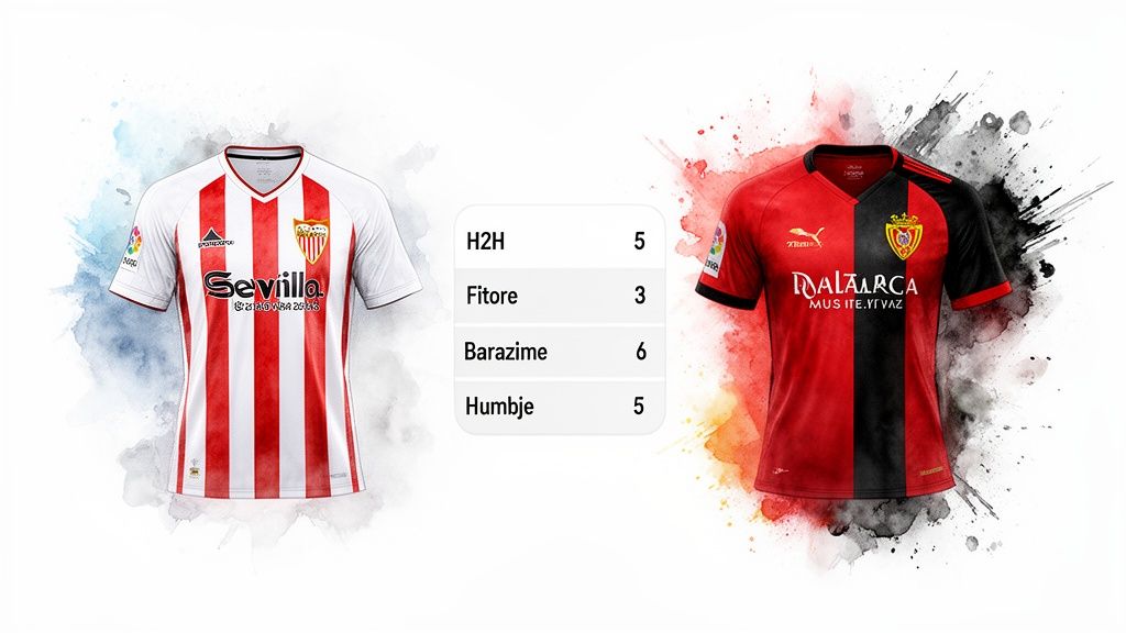 Sportwetten – Wie man wie ein Profi denkt (2) Trikots der Fußballmannschaften von Sevilla und Mallorca mit einer Spielvergleichstabelle, die Ergebnisse und Vorhersagen anzeigt.