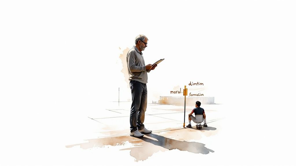 Spor Bahis Stratejileri: Yeni Başlayanlar ve Uzmanlar İçin Kılavuz 3 Gözlüklü ve elinde not defteri olan bir adam, topun yanında oturan bir çocuğu gözlemliyor ve not defterinde 'ahlak' ve 'eğitim' gibi kelimeler görüyor.