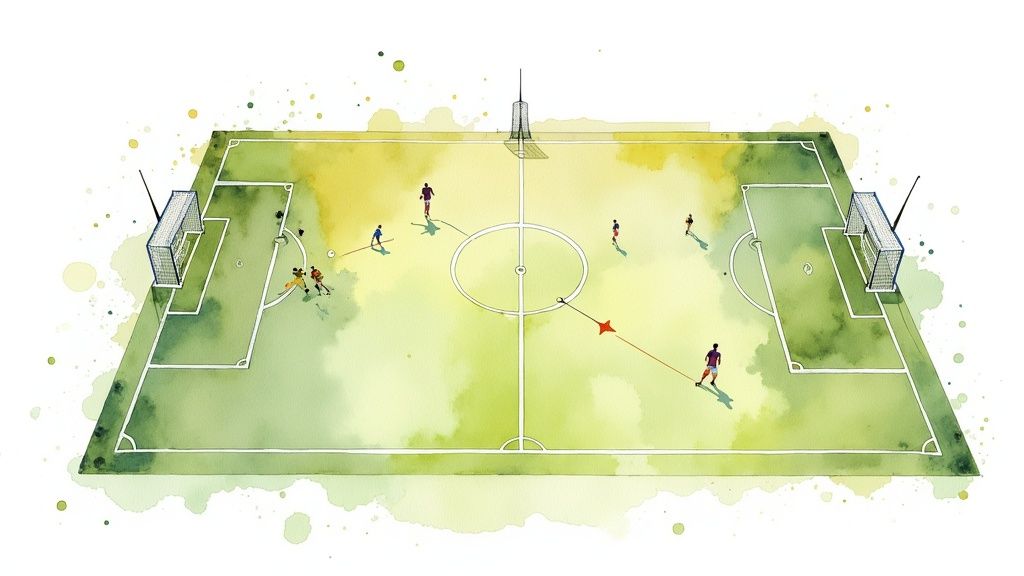 スポーツベッティング戦略と心理学の完全ガイド 3 パスを示す、選手とボールのあるサッカー場の水彩イラスト。