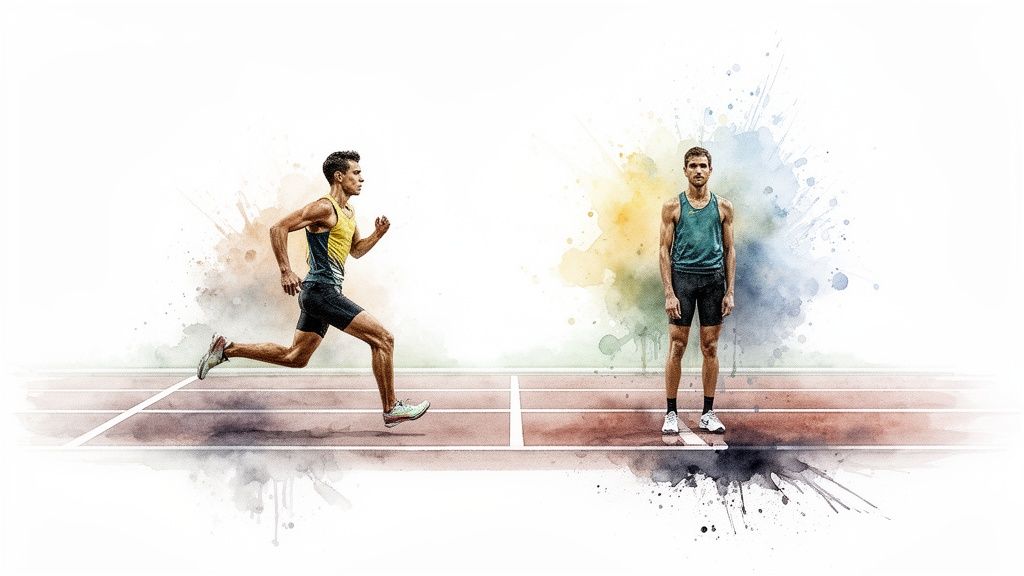 Handicap beim Wetten: Bedeutung und wie man es gewinnbringend einsetzen kann 1 Zwei männliche Läufer auf einer Rennstrecke, einer läuft, der andere steht, vor einem Aquarellhintergrund.